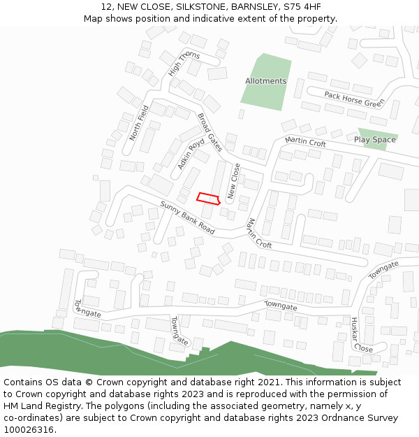 12, NEW CLOSE, SILKSTONE, BARNSLEY, S75 4HF: Location map and indicative extent of plot