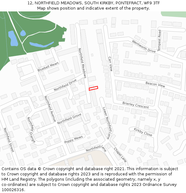 12, NORTHFIELD MEADOWS, SOUTH KIRKBY, PONTEFRACT, WF9 3TF: Location map and indicative extent of plot