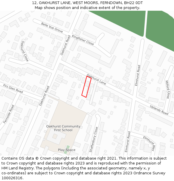 12, OAKHURST LANE, WEST MOORS, FERNDOWN, BH22 0DT: Location map and indicative extent of plot