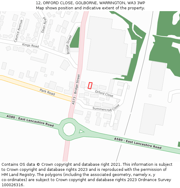 12, ORFORD CLOSE, GOLBORNE, WARRINGTON, WA3 3WP: Location map and indicative extent of plot