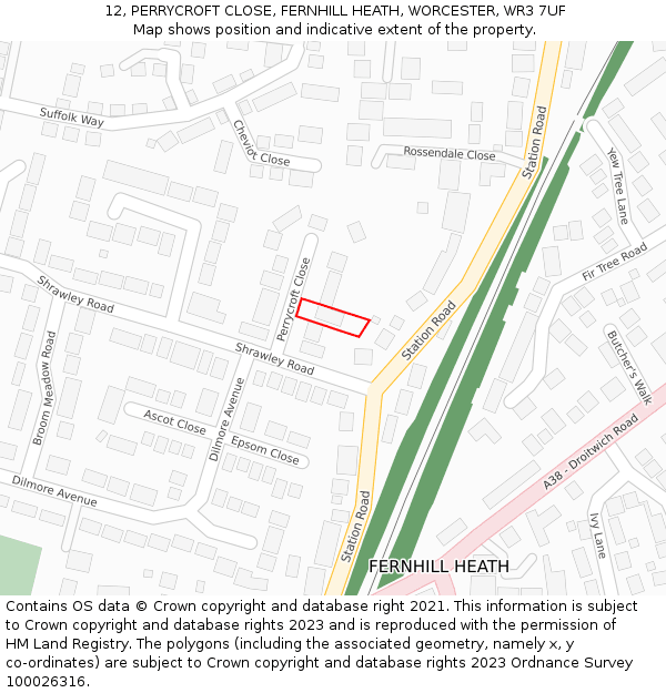 12, PERRYCROFT CLOSE, FERNHILL HEATH, WORCESTER, WR3 7UF: Location map and indicative extent of plot