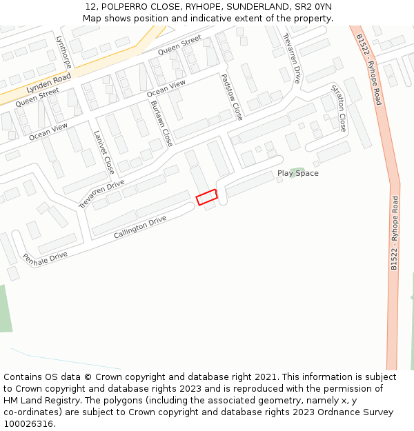 12, POLPERRO CLOSE, RYHOPE, SUNDERLAND, SR2 0YN: Location map and indicative extent of plot