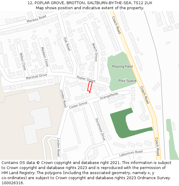 12, POPLAR GROVE, BROTTON, SALTBURN-BY-THE-SEA, TS12 2UX: Location map and indicative extent of plot