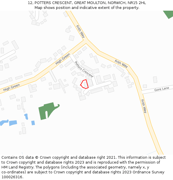 12, POTTERS CRESCENT, GREAT MOULTON, NORWICH, NR15 2HL: Location map and indicative extent of plot