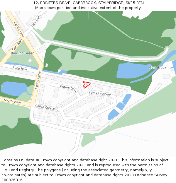 12, PRINTERS DRIVE, CARRBROOK, STALYBRIDGE, SK15 3FN: Location map and indicative extent of plot