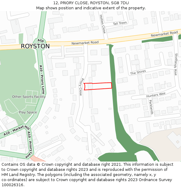 12, PRIORY CLOSE, ROYSTON, SG8 7DU: Location map and indicative extent of plot