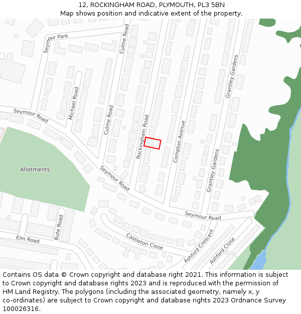 12, ROCKINGHAM ROAD, PLYMOUTH, PL3 5BN: Location map and indicative extent of plot