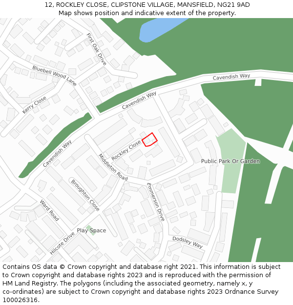 12, ROCKLEY CLOSE, CLIPSTONE VILLAGE, MANSFIELD, NG21 9AD: Location map and indicative extent of plot