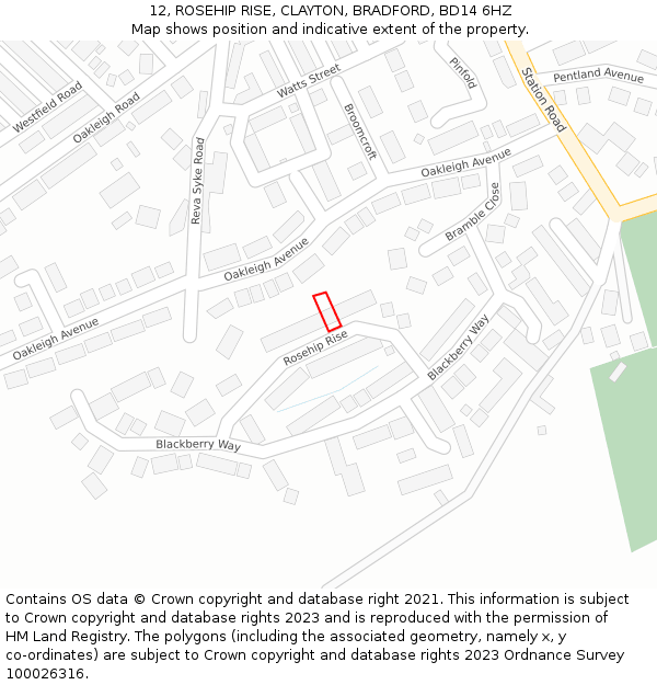 12, ROSEHIP RISE, CLAYTON, BRADFORD, BD14 6HZ: Location map and indicative extent of plot