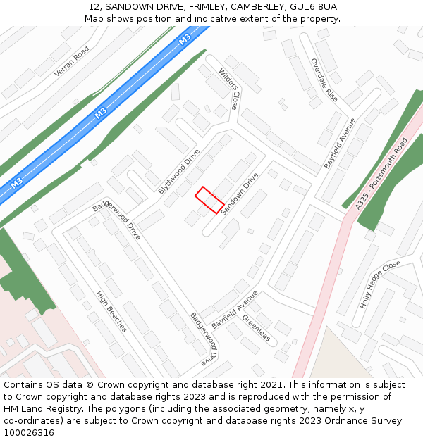 12, SANDOWN DRIVE, FRIMLEY, CAMBERLEY, GU16 8UA: Location map and indicative extent of plot