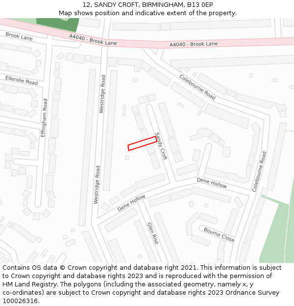 12, SANDY CROFT, BIRMINGHAM, B13 0EP: Location map and indicative extent of plot