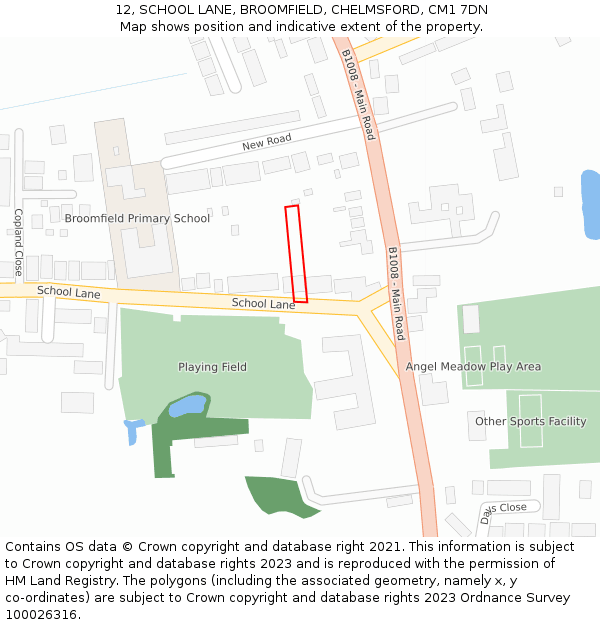 12, SCHOOL LANE, BROOMFIELD, CHELMSFORD, CM1 7DN: Location map and indicative extent of plot