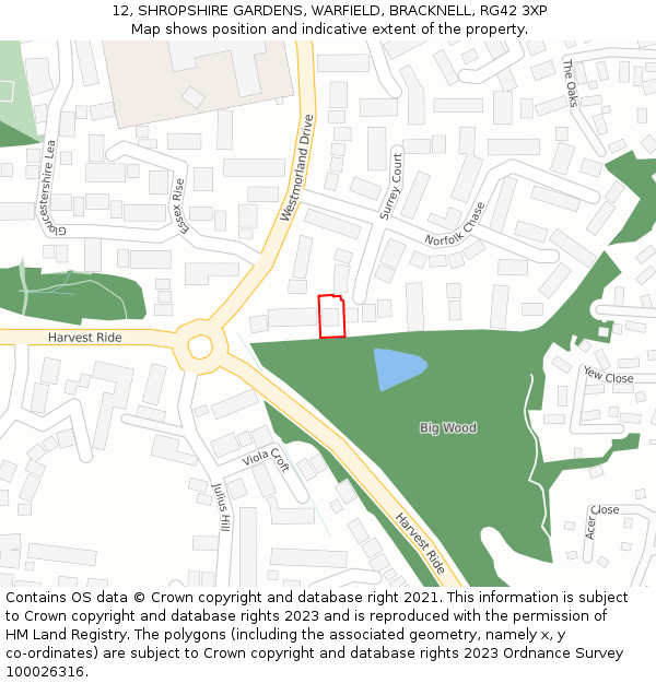 12, SHROPSHIRE GARDENS, WARFIELD, BRACKNELL, RG42 3XP: Location map and indicative extent of plot