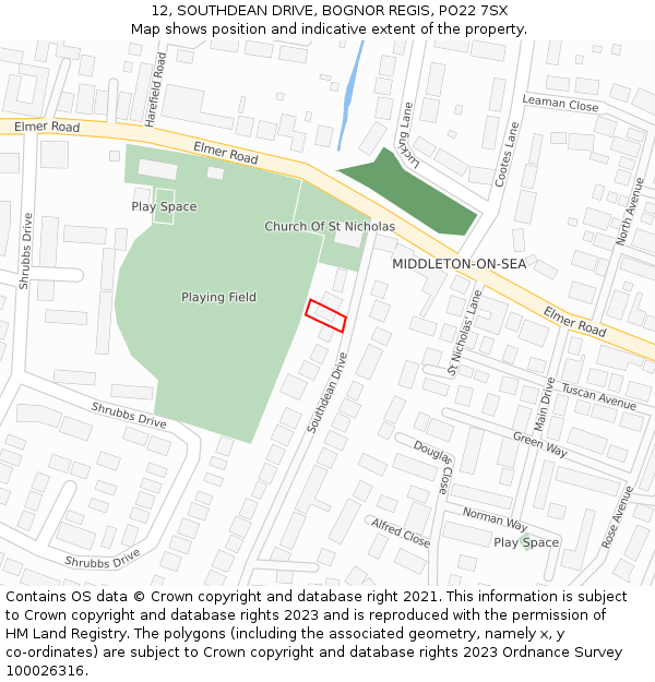 12, SOUTHDEAN DRIVE, BOGNOR REGIS, PO22 7SX: Location map and indicative extent of plot