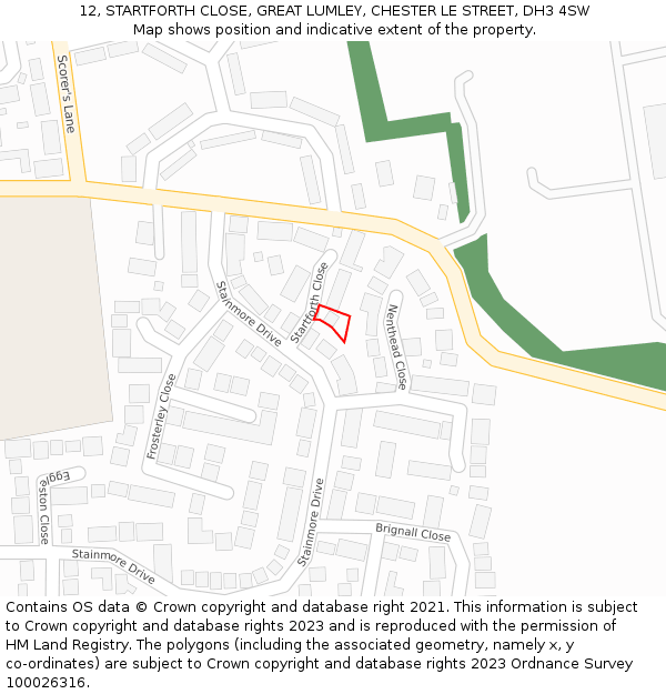 12, STARTFORTH CLOSE, GREAT LUMLEY, CHESTER LE STREET, DH3 4SW: Location map and indicative extent of plot