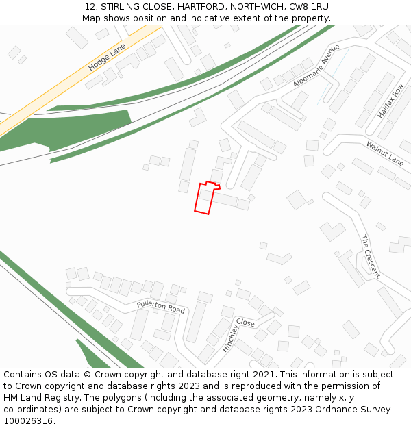 12, STIRLING CLOSE, HARTFORD, NORTHWICH, CW8 1RU: Location map and indicative extent of plot