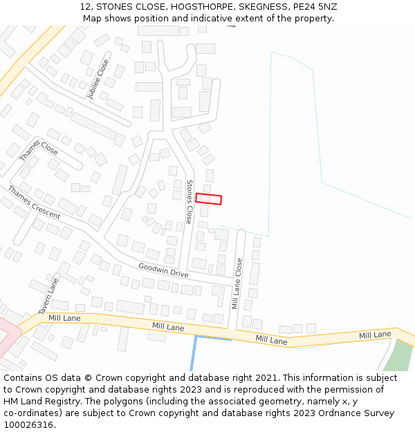 12, STONES CLOSE, HOGSTHORPE, SKEGNESS, PE24 5NZ: Location map and indicative extent of plot