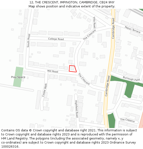 12, THE CRESCENT, IMPINGTON, CAMBRIDGE, CB24 9NY: Location map and indicative extent of plot