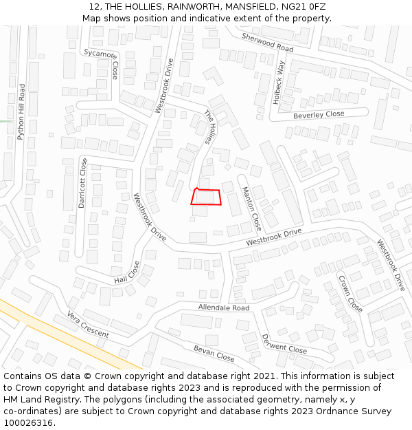 12, THE HOLLIES, RAINWORTH, MANSFIELD, NG21 0FZ: Location map and indicative extent of plot