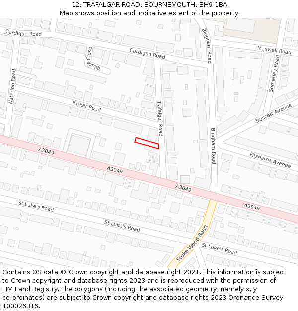 12, TRAFALGAR ROAD, BOURNEMOUTH, BH9 1BA: Location map and indicative extent of plot