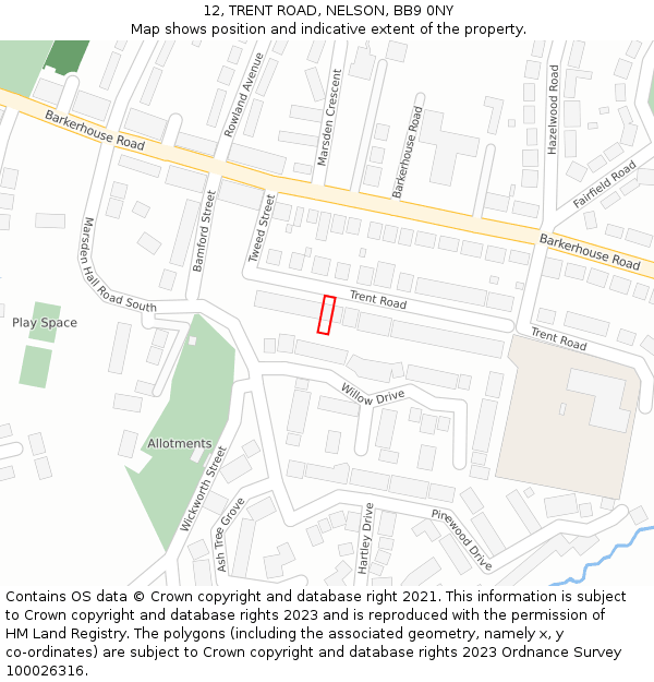 12, TRENT ROAD, NELSON, BB9 0NY: Location map and indicative extent of plot