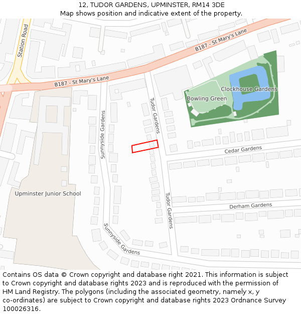 12, TUDOR GARDENS, UPMINSTER, RM14 3DE: Location map and indicative extent of plot