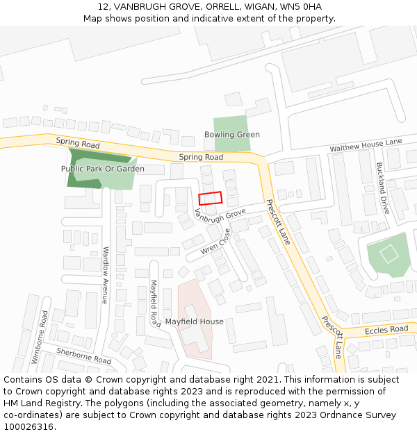 12, VANBRUGH GROVE, ORRELL, WIGAN, WN5 0HA: Location map and indicative extent of plot