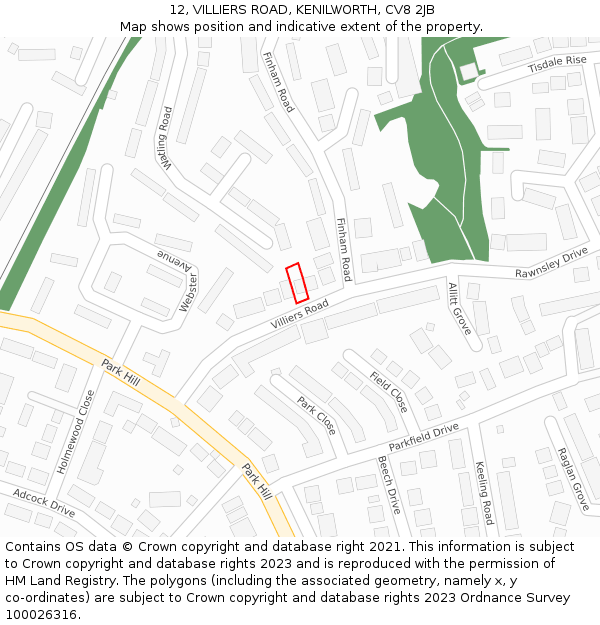 12, VILLIERS ROAD, KENILWORTH, CV8 2JB: Location map and indicative extent of plot