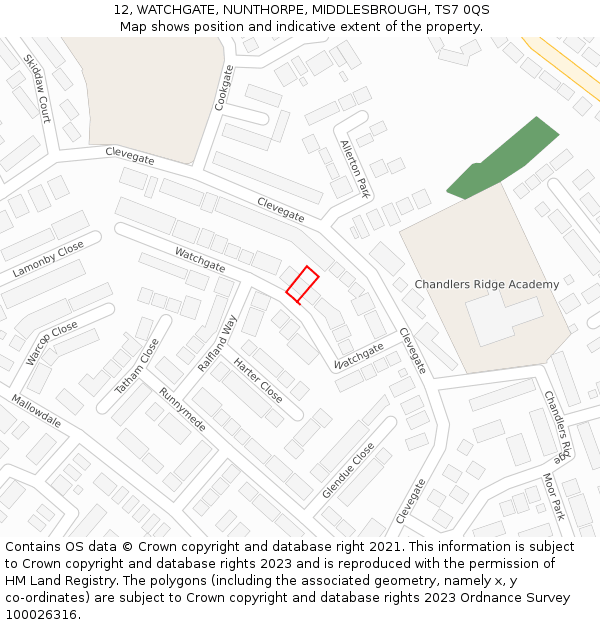 12, WATCHGATE, NUNTHORPE, MIDDLESBROUGH, TS7 0QS: Location map and indicative extent of plot