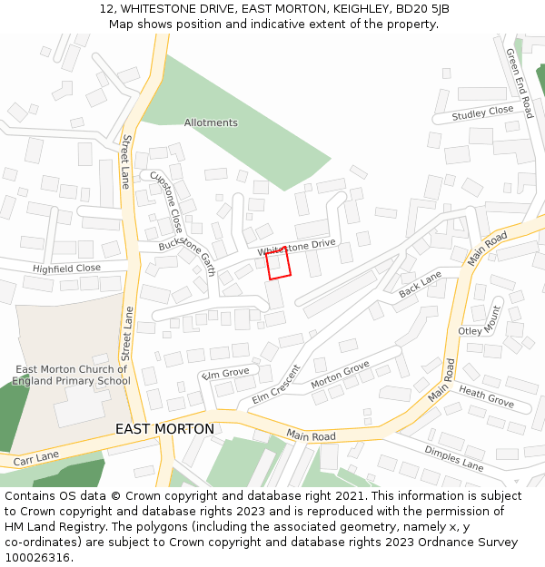 12, WHITESTONE DRIVE, EAST MORTON, KEIGHLEY, BD20 5JB: Location map and indicative extent of plot