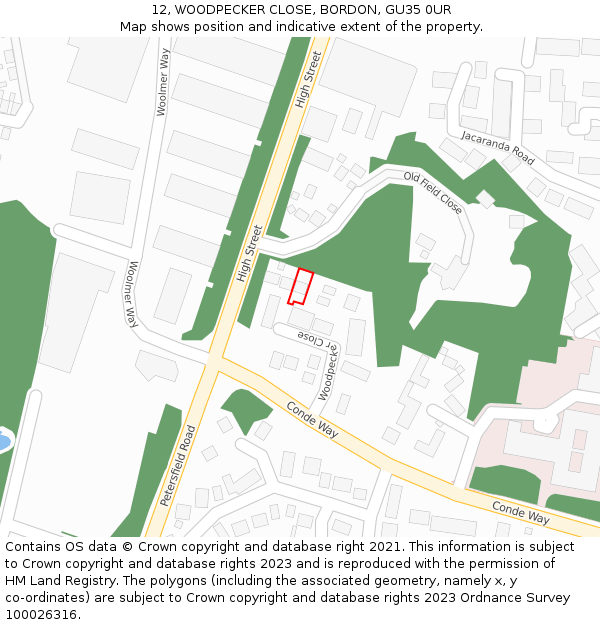 12, WOODPECKER CLOSE, BORDON, GU35 0UR: Location map and indicative extent of plot