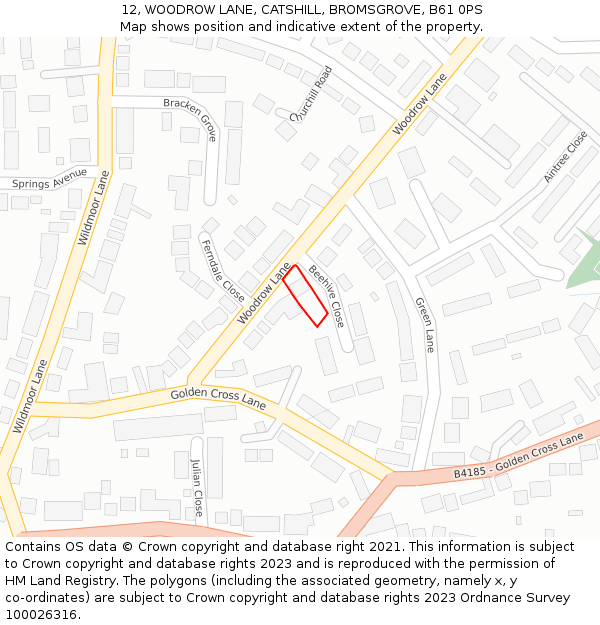 12, WOODROW LANE, CATSHILL, BROMSGROVE, B61 0PS: Location map and indicative extent of plot