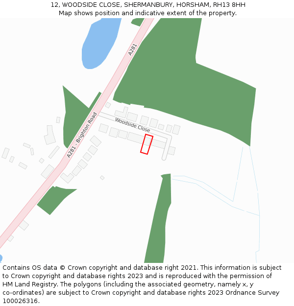 12, WOODSIDE CLOSE, SHERMANBURY, HORSHAM, RH13 8HH: Location map and indicative extent of plot