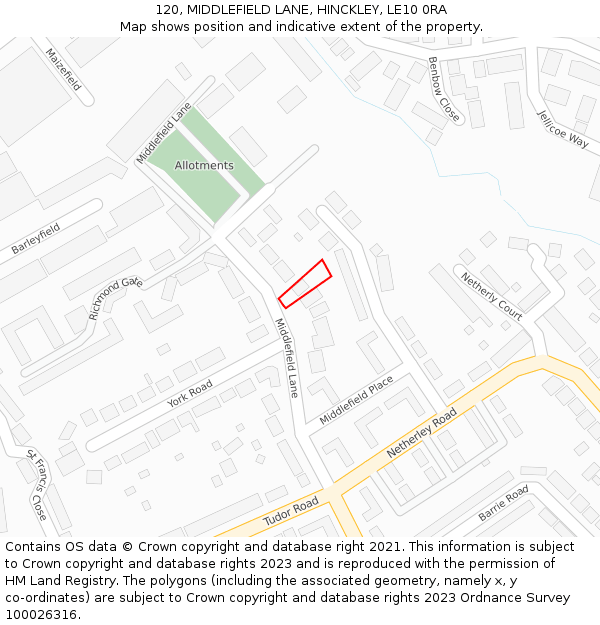 120, MIDDLEFIELD LANE, HINCKLEY, LE10 0RA: Location map and indicative extent of plot