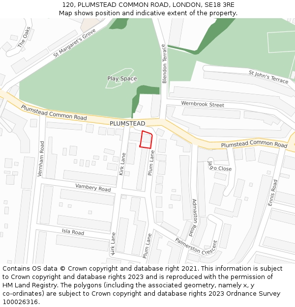 120, PLUMSTEAD COMMON ROAD, LONDON, SE18 3RE: Location map and indicative extent of plot