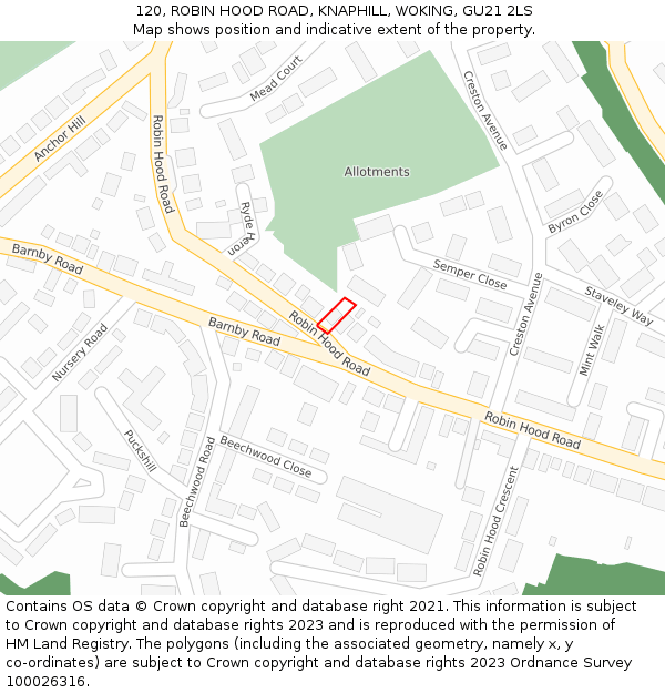 120, ROBIN HOOD ROAD, KNAPHILL, WOKING, GU21 2LS: Location map and indicative extent of plot