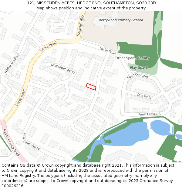 121, MISSENDEN ACRES, HEDGE END, SOUTHAMPTON, SO30 2RD: Location map and indicative extent of plot