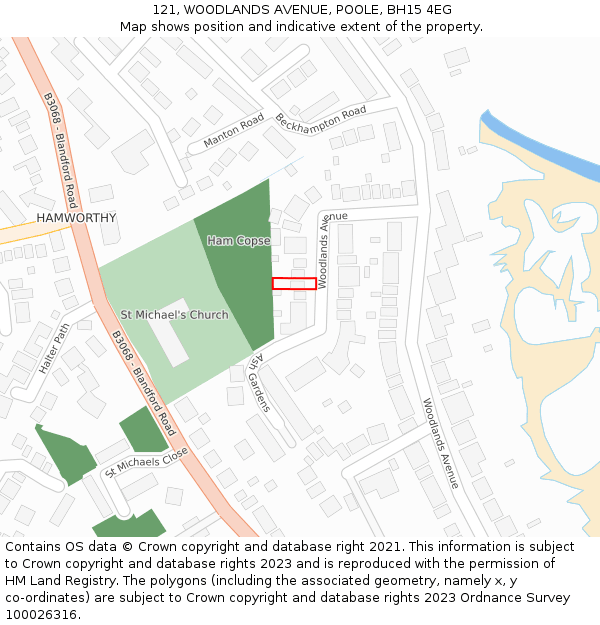 121, WOODLANDS AVENUE, POOLE, BH15 4EG: Location map and indicative extent of plot