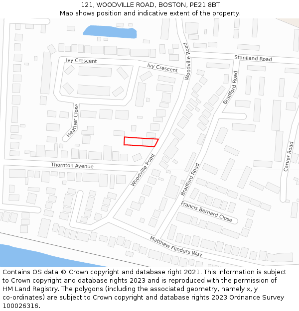 121, WOODVILLE ROAD, BOSTON, PE21 8BT: Location map and indicative extent of plot