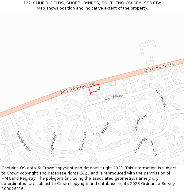 122, CHURCHFIELDS, SHOEBURYNESS, SOUTHEND-ON-SEA, SS3 8TW: Location map and indicative extent of plot