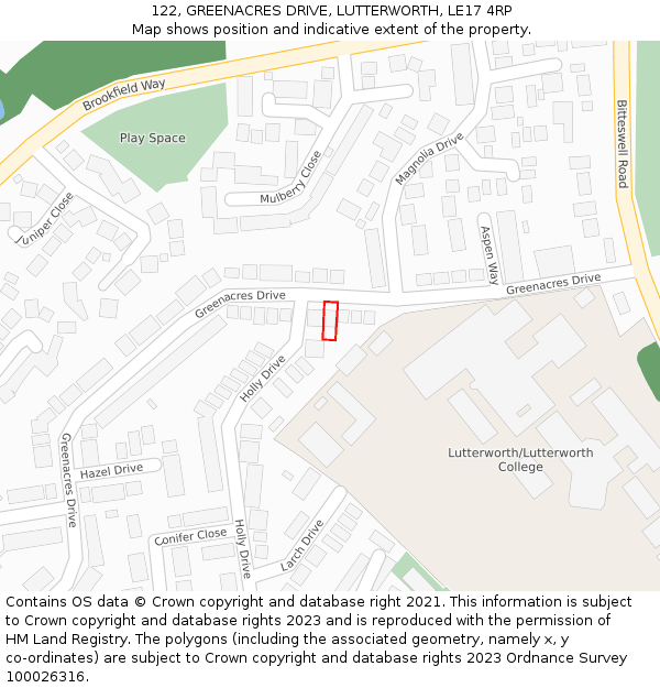 122, GREENACRES DRIVE, LUTTERWORTH, LE17 4RP: Location map and indicative extent of plot