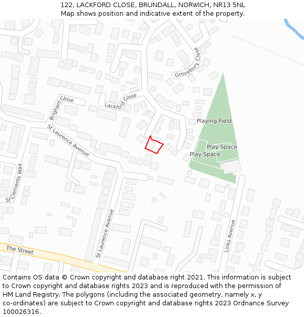 122, LACKFORD CLOSE, BRUNDALL, NORWICH, NR13 5NL: Location map and indicative extent of plot