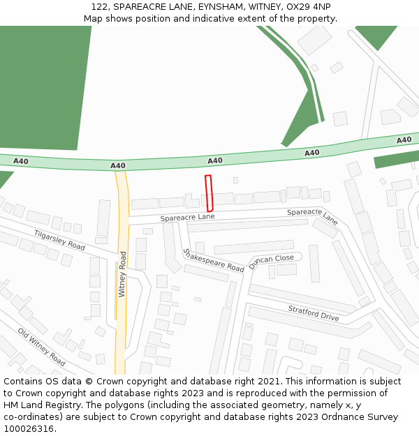 122, SPAREACRE LANE, EYNSHAM, WITNEY, OX29 4NP: Location map and indicative extent of plot