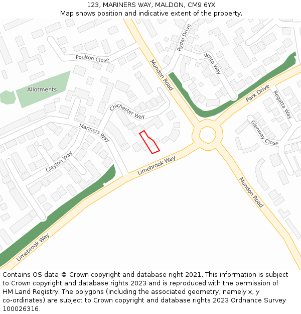 123, MARINERS WAY, MALDON, CM9 6YX: Location map and indicative extent of plot