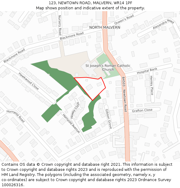 123, NEWTOWN ROAD, MALVERN, WR14 1PF: Location map and indicative extent of plot