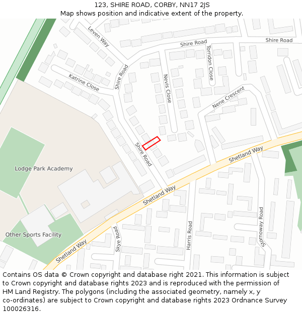 123, SHIRE ROAD, CORBY, NN17 2JS: Location map and indicative extent of plot