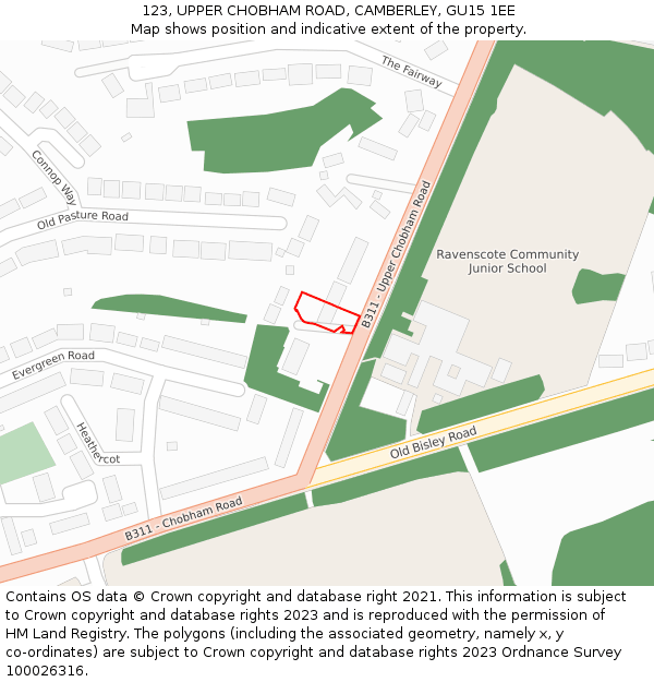 123, UPPER CHOBHAM ROAD, CAMBERLEY, GU15 1EE: Location map and indicative extent of plot