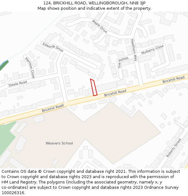 124, BRICKHILL ROAD, WELLINGBOROUGH, NN8 3JP: Location map and indicative extent of plot