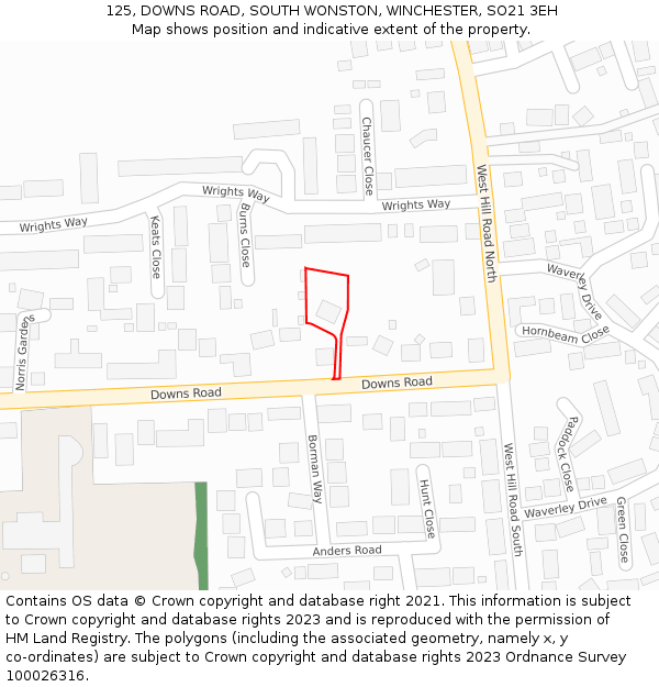 125, DOWNS ROAD, SOUTH WONSTON, WINCHESTER, SO21 3EH: Location map and indicative extent of plot