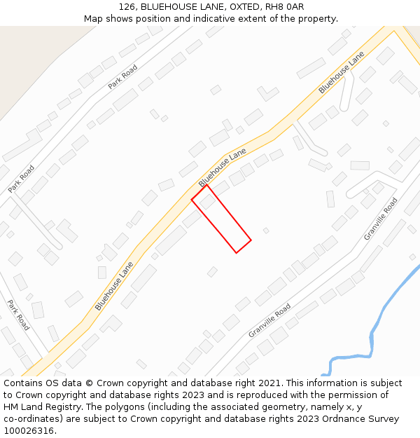 126, BLUEHOUSE LANE, OXTED, RH8 0AR: Location map and indicative extent of plot